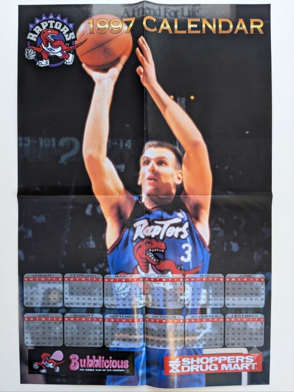 Vintage 1997 Toronto Raptors Poster Calendar 24x36 90s Dino Shoppers Promo
